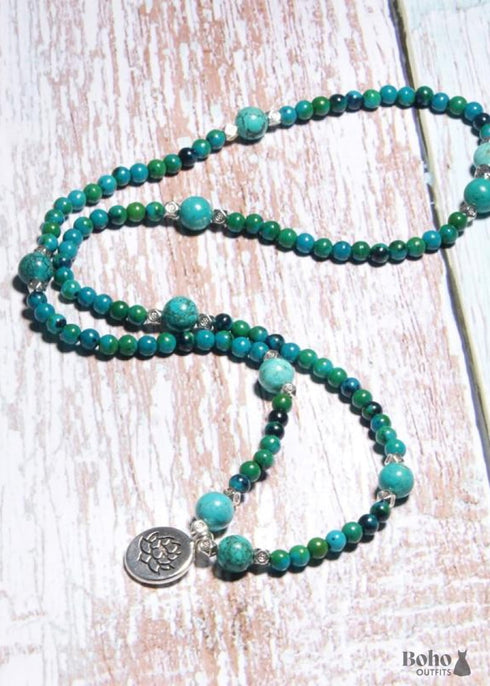 Boho Bracelet, Layers Blue Turquoise Mala Red Mantra Lotus